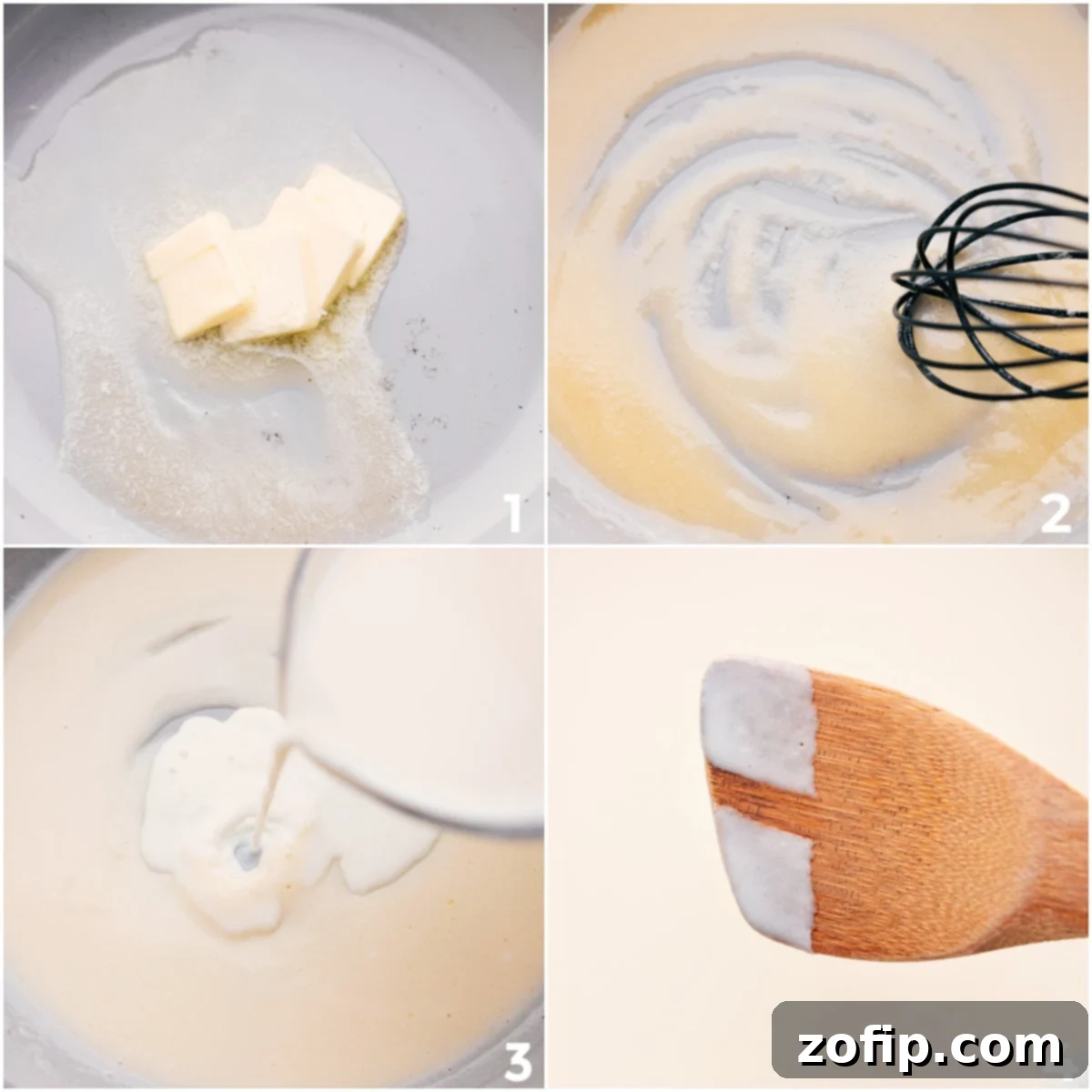 How To Make Cheesy Spaghetti A step-by-step image showing butter melting in a skillet, followed by flour being whisked in, then milk added to create a smooth, thickened sauce base for cheesy spaghetti.