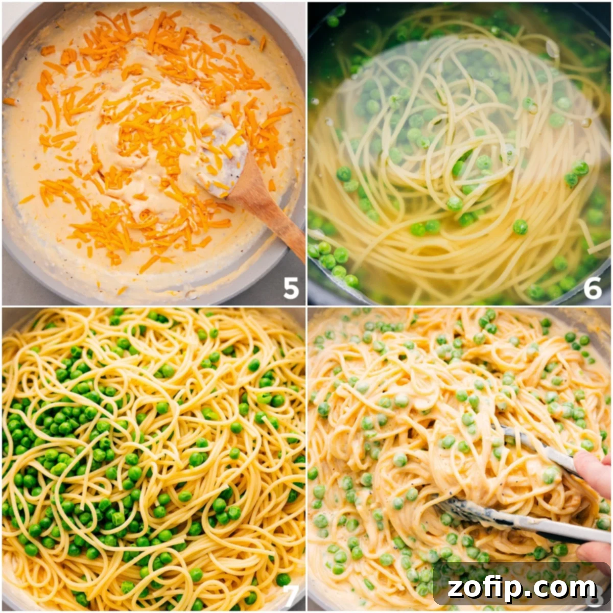 How To Make The Best Cheesy Spaghetti Recipe Detailed process shots: adding shredded cheese to cream sauce, cooking pasta with peas, and tossing everything together in a skillet.