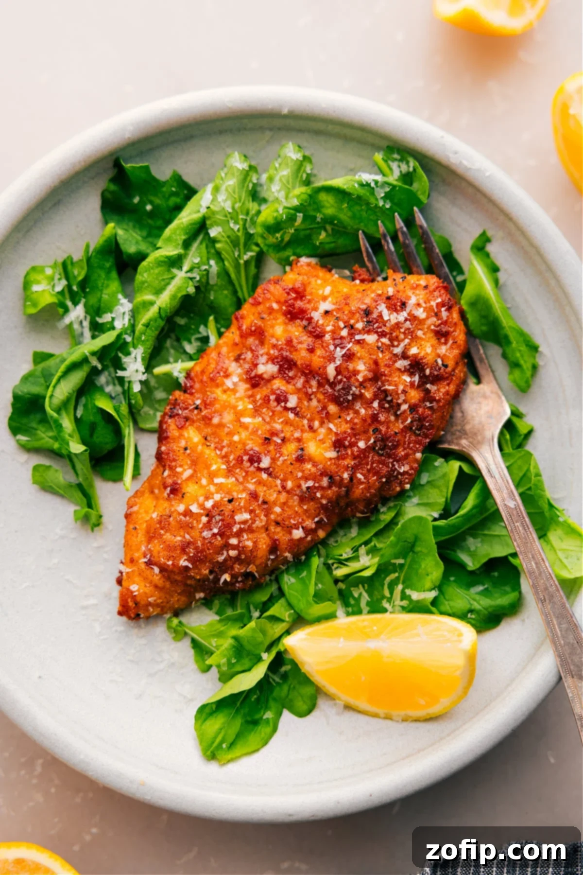 Crispy and delicious golden-brown Chicken Cutlets rest on a bed of fresh greens, garnished with a vibrant lemon wedge on the side, ready to be served.