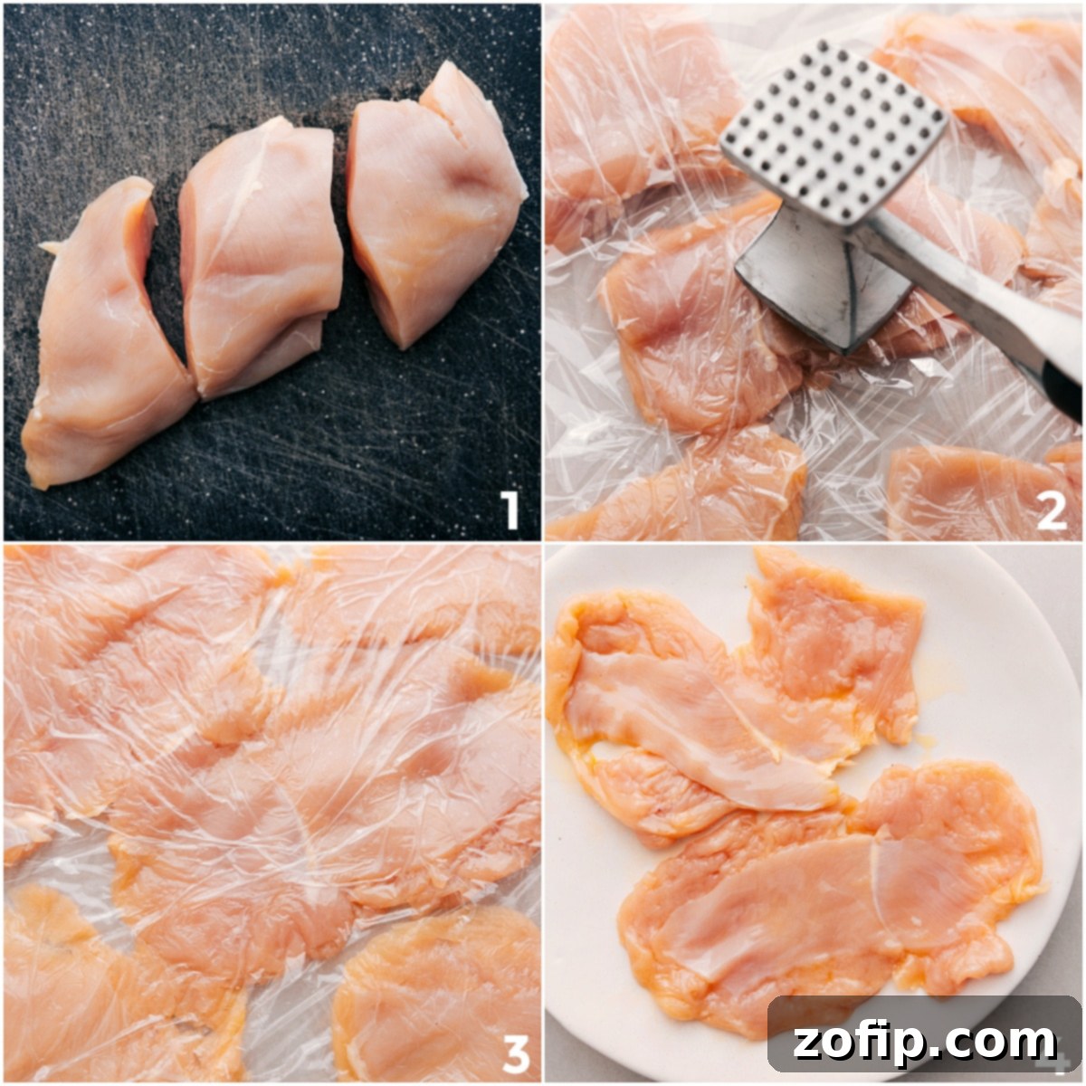 Chicken cutlets are meticulously prepped on a cutting board, having been pounded to an even 1/4-inch thickness, ensuring they cook perfectly and consistently.