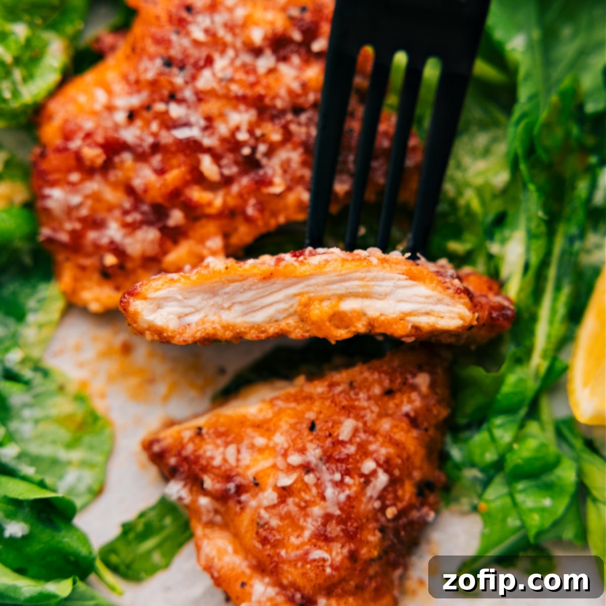 A perfectly cooked chicken cutlet is shown sliced, revealing its tender, juicy interior and the beautifully golden-brown, crispy crust.