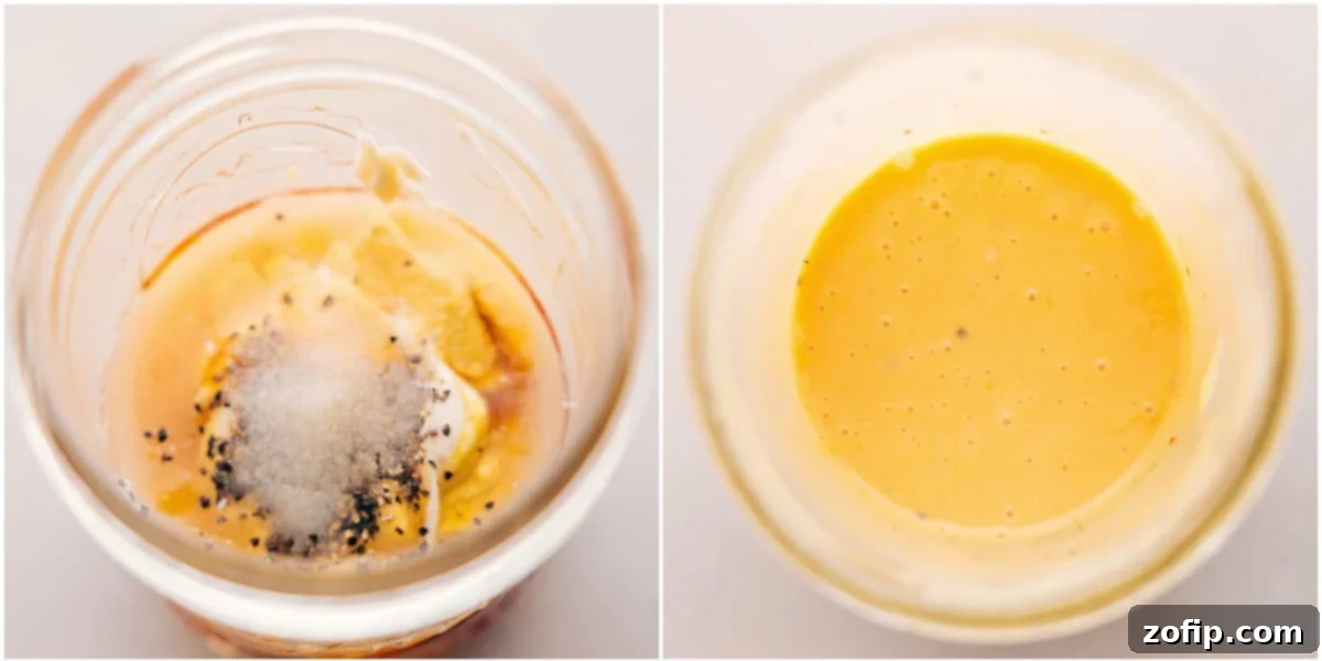 The Best Dressing To Top Hot Honey Chicken Bowl The simple yet flavorful dressing for this dish is expertly mixed in a convenient mason jar, showcasing its creamy texture.