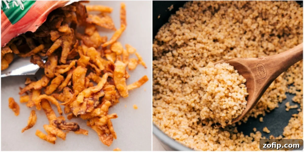 Couscous And Crispy Onions To Top Hot Honey Chicken Bowls Crispy onions and fluffy couscous are perfectly prepped, ready to be added as delicious toppings to the hot honey chicken bowls.