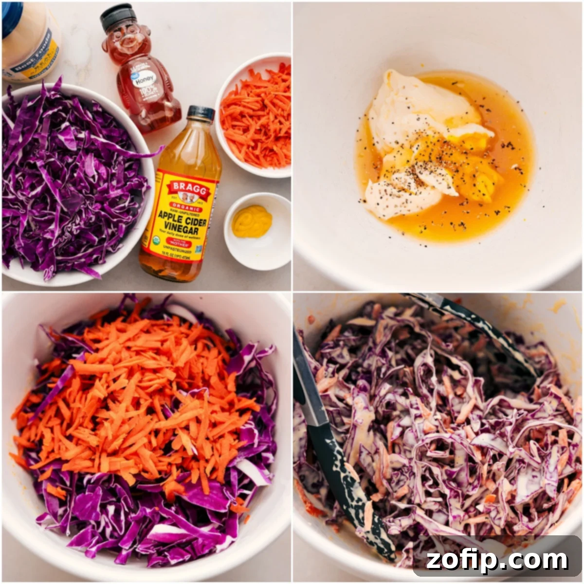 Add The Best Slaw To Your Hot Honey Chicken Bowls The vibrant slaw ingredients and creamy dressing are combined in a bowl, ready to be tossed for the hot honey chicken bowls.
