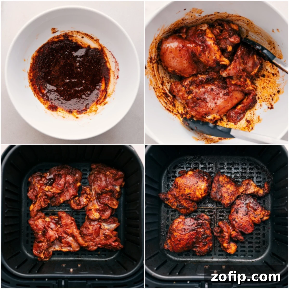 Air Fry The Best Chicken For Hot Honey Chicken Bowls Marinated chicken thighs are expertly air-fried to golden-brown perfection, ensuring tender and crispy results for these hot honey chicken bowls.