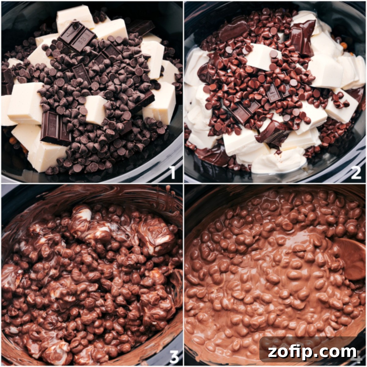 How To Make Crockpot Candy All the chocolate ingredients and honey-roasted peanuts are added to the slow cooker, ready to melt for crockpot candy.