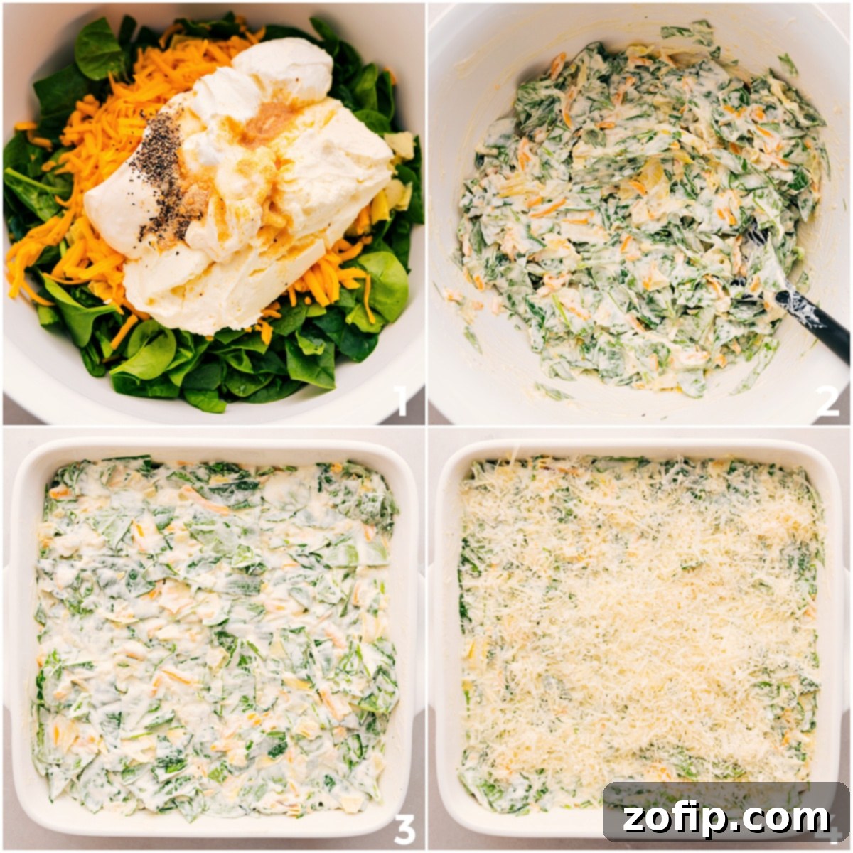 All the creamy ingredients, spinach, and artichokes are combined in a large mixing bowl, then spread evenly into a baking pan, ready to be baked into a delicious dip.