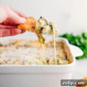 Finished Spinach Artichoke Dip in a baking dish