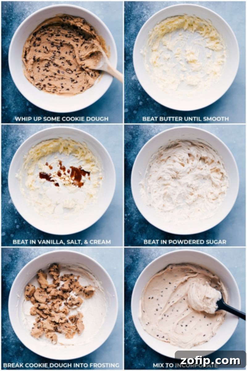 Preparing the creamy edible cookie dough frosting for the homemade Oreos.