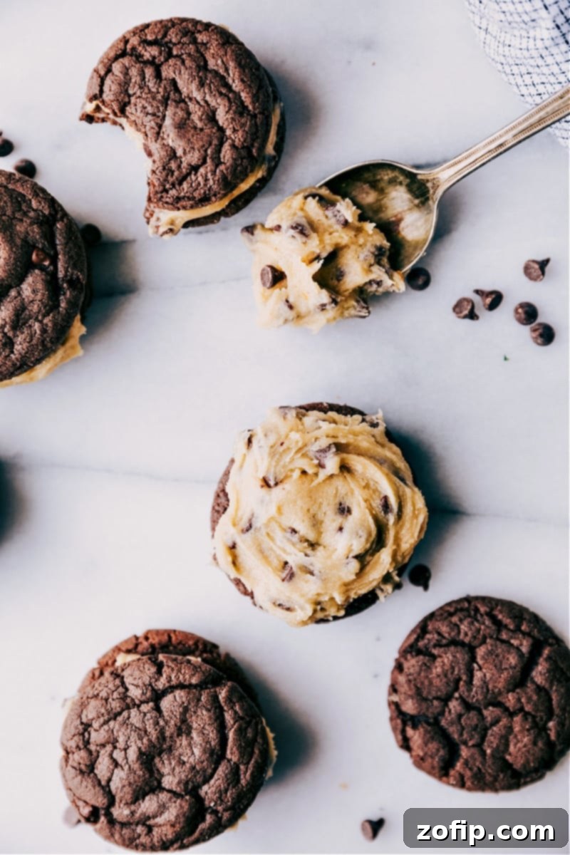 Close-up of Homemade Cookie Dough Oreos, perfectly assembled and ready to be enjoyed.