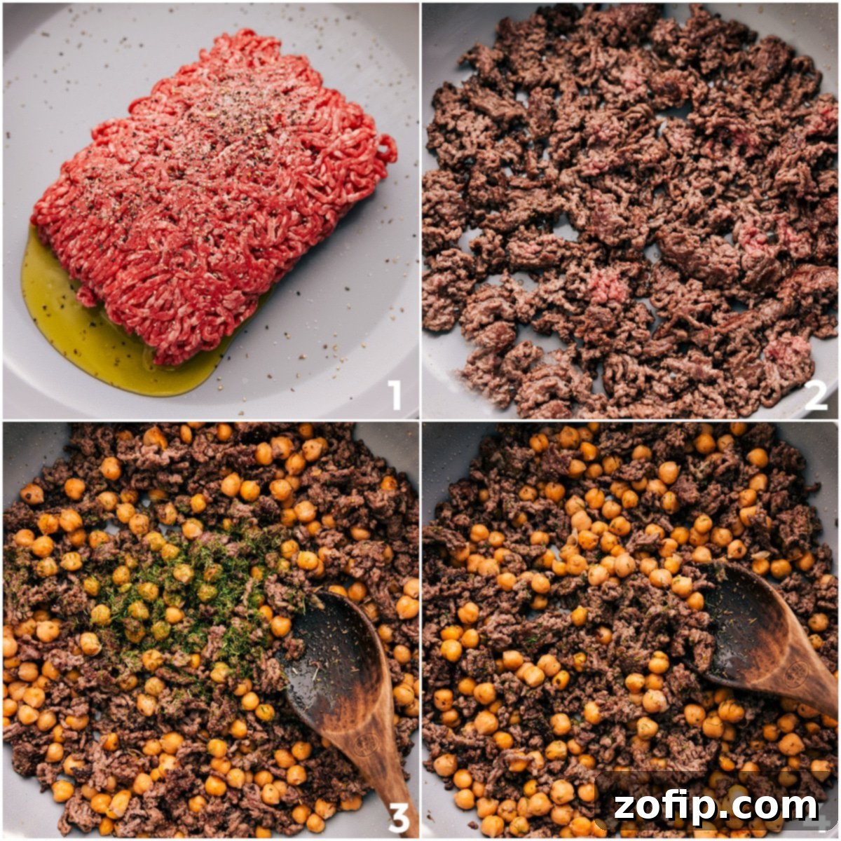 The ground beef is browned to perfection in a large pan, then mixed with chickpeas and herbs, creating a flavorful base for the Greek beef bowls.