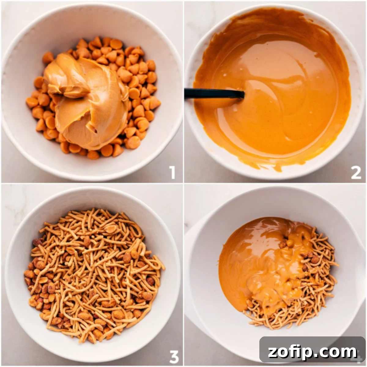 The butterscotch and peanut butter are melted together and poured over the peanuts and chow mein noodles to make these haystack cookies.