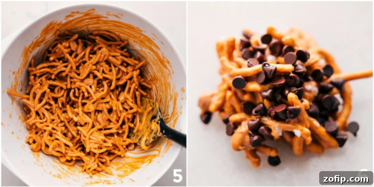 Mix all the ingredients together, scoop the mixture onto a sheet pan to harden, and top with mini chocolate chips.