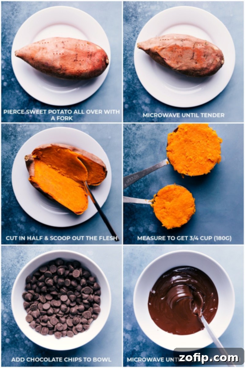 You'll never taste the sweet potatoes that go into this amazing Healthy Ice Cream! The absolute best Healthy Ice Cream made with wholesome, nutritious ingredients, and no frozen bananas! Recipe via Chelseasmessyapron.com #dessert #best #quick #easy #simple #lowcalorie #clean #whole #chocolate #sweetpotatoes #healthy #icecream Process shots showing sweet potatoes being prepped and chocolate chips melting for Healthy Ice Cream