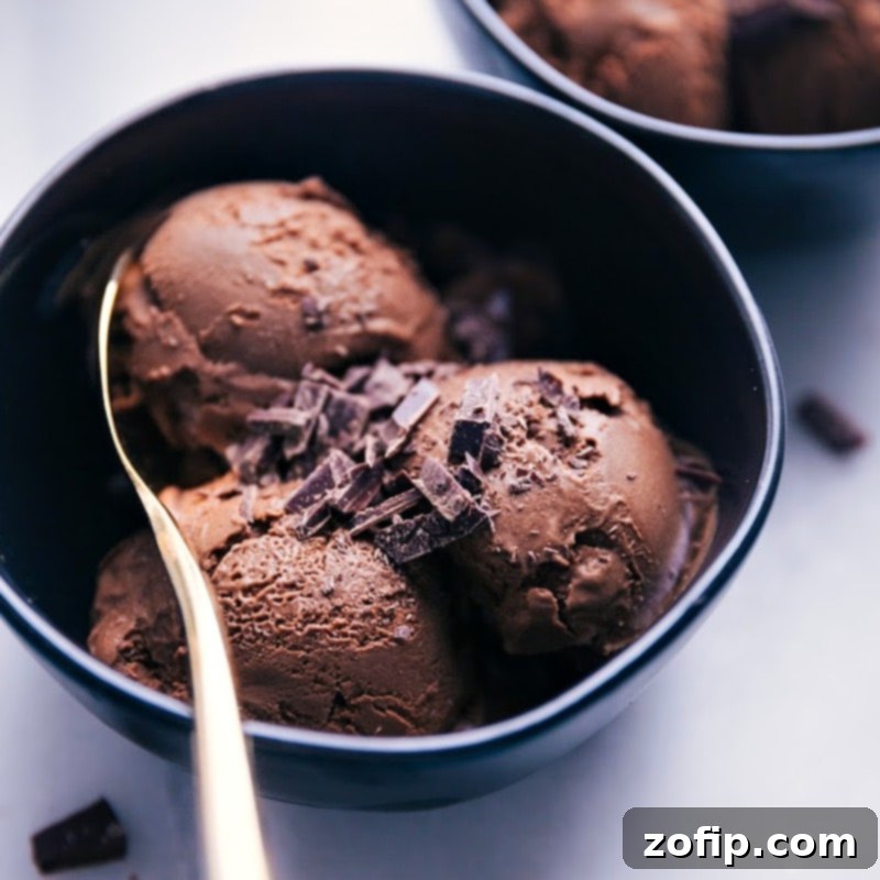 You can still enjoy chocolate ice cream while eating more nutritiously. Recipe via Chelseasmessyapron.com #dessert #best #quick #easy #simple #lowcalorie #clean #whole #chocolate #sweetpotatoes #healthy #icecream Up close image of a bowl of the Healthy Ice Cream, showing its creamy texture