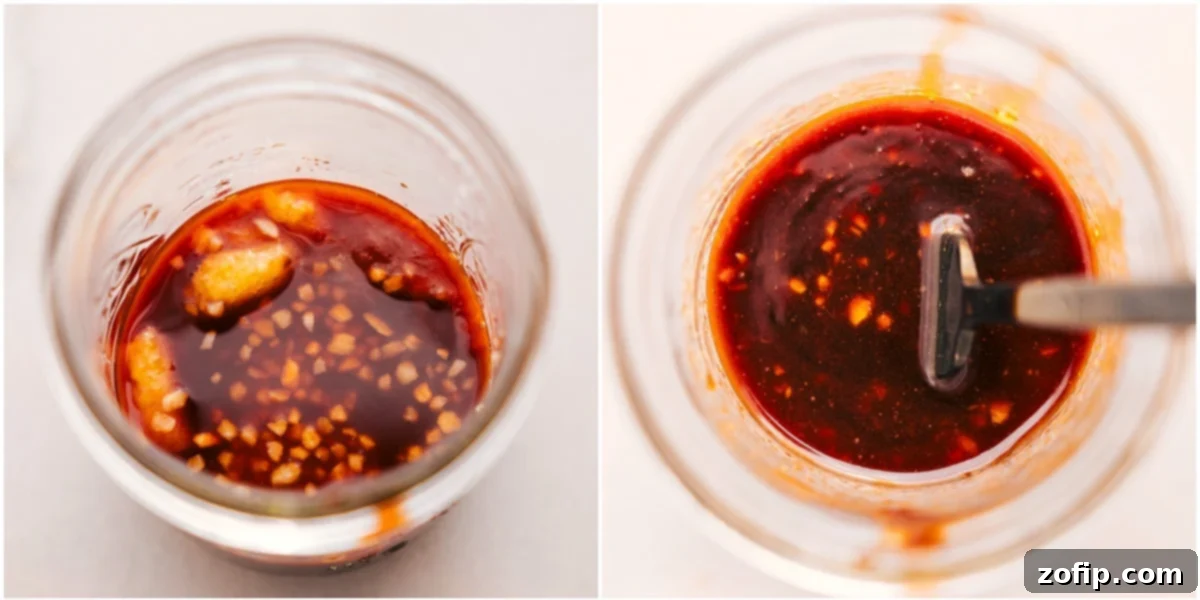 The vibrant Asian sauce for the ground beef recipe is freshly whisked together in a clear mason jar, ready to be added to the cooking meat.