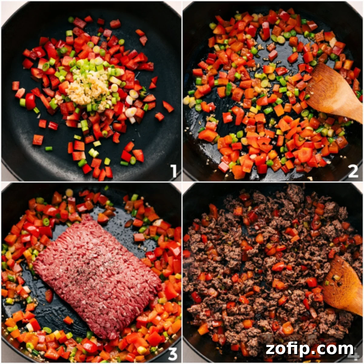 The process of cooking Asian ground beef, showing vegetables sautéing and beef browning in a large skillet, building foundational flavors.