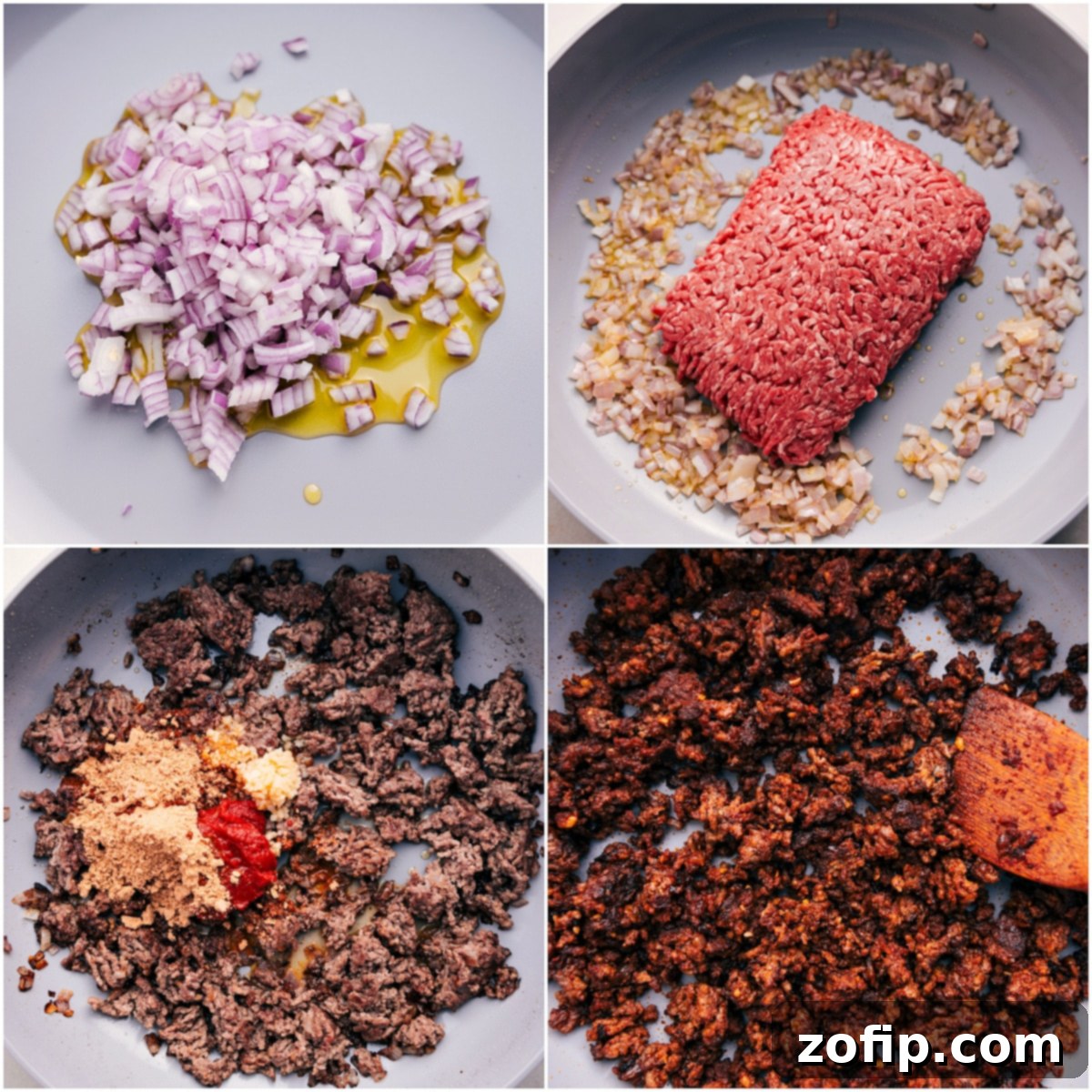 Cooking scene showing diced yellow onions sautéing in olive oil, followed by browning ground beef, and finally adding taco seasonings and minced garlic to create the rich taco beef.