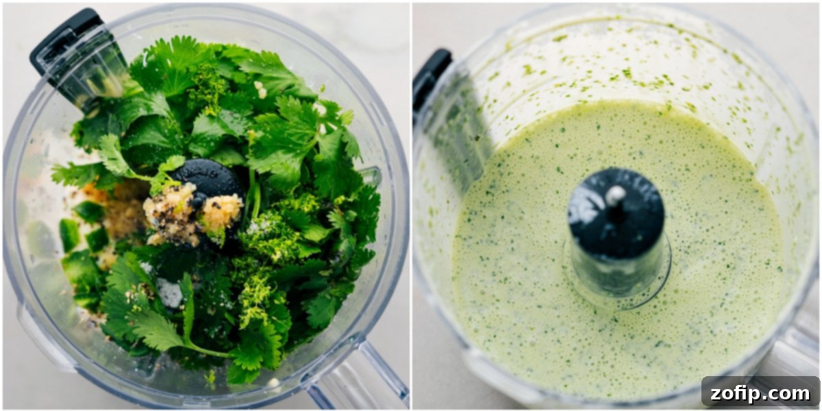 Vibrant green cilantro-lime sauce being blended in a food processor, showcasing its creamy texture and fresh ingredients.