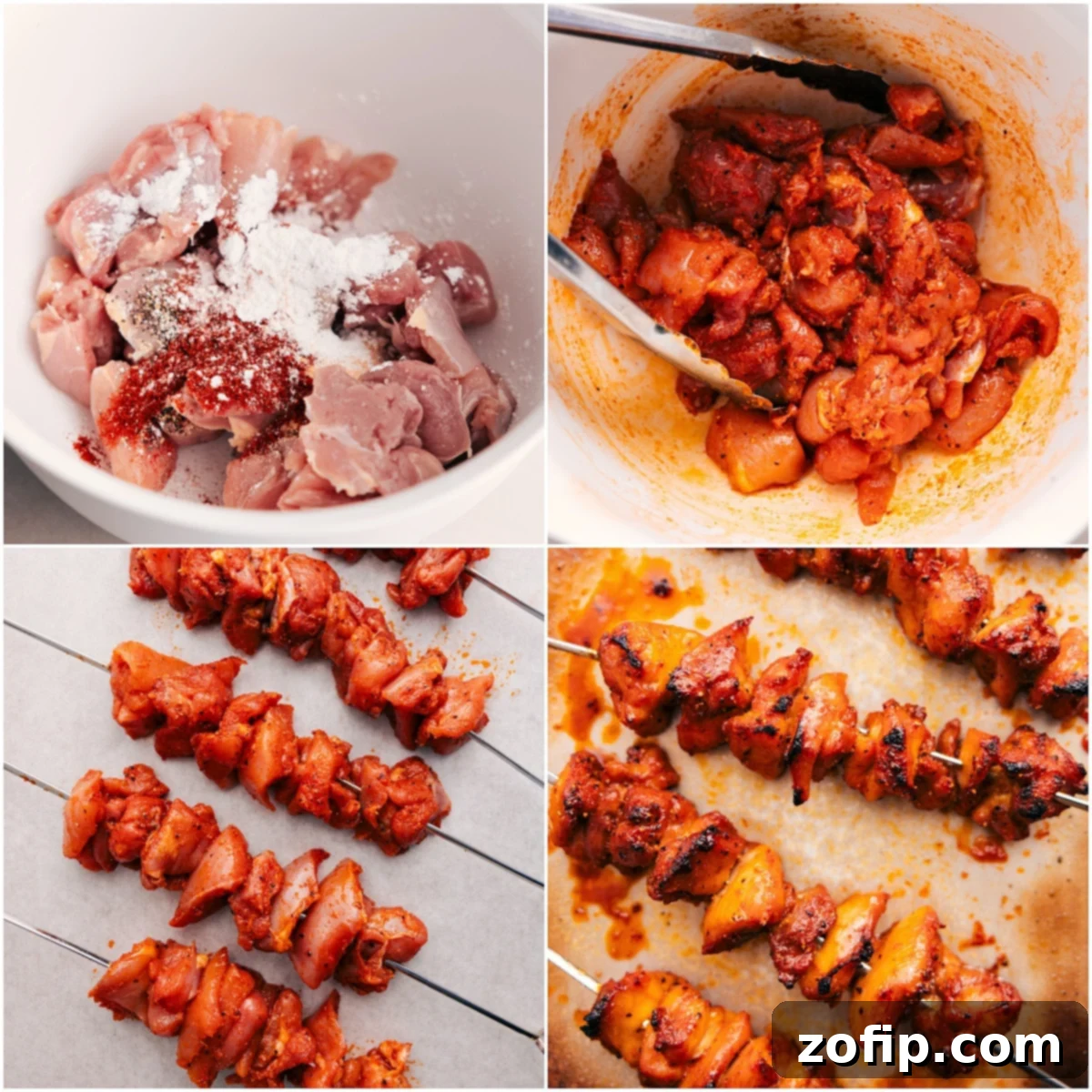 Chicken is prepped, threaded onto skewers, and cooked to perfection for these Bang Bang Chicken Skewers.