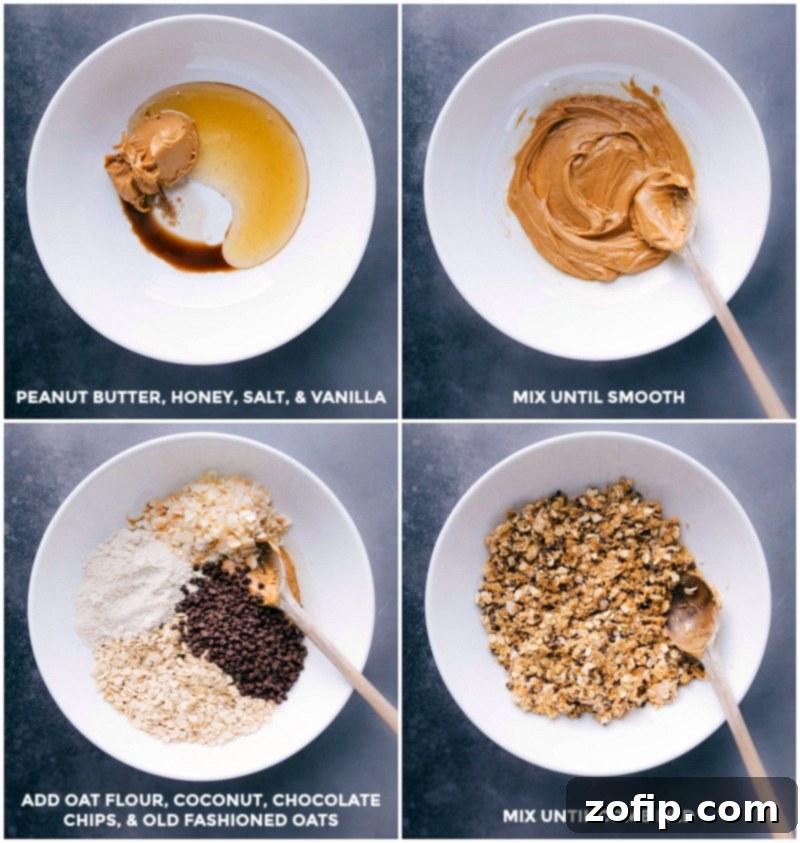 Easy, protein-packed, granola balls -- these Energy Bites make the perfect snack or breakfast on-the-go. Recipe via ChelseasMessyApron.com #granola #oats #energybites #chocolate #protein #energy Process shots showing steps to make energy bites: mixing wet ingredients, adding dry ingredients, and final mixture.