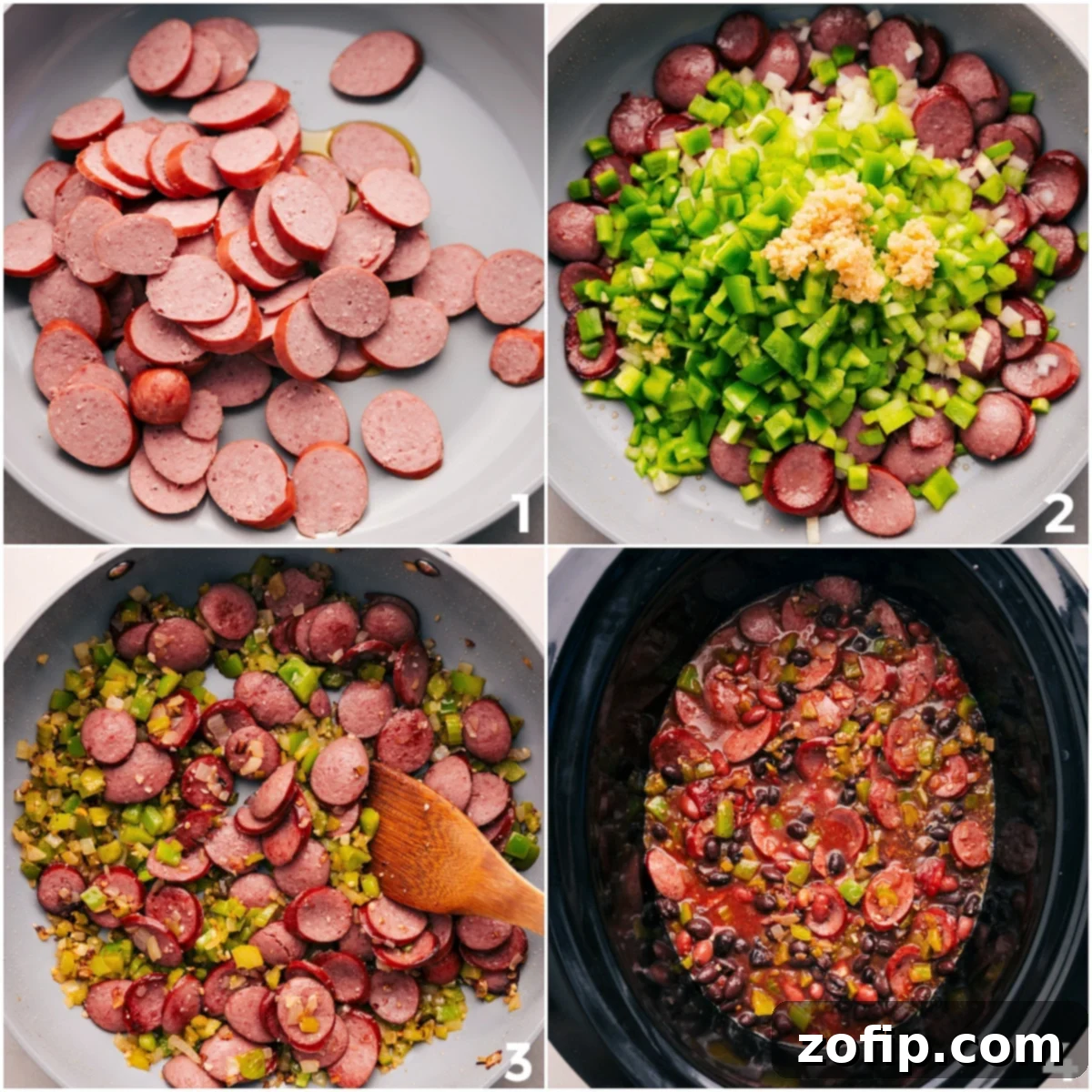 Lightly brown the sausage, sauté the veggies, then combine them with all the other ingredients in the slow cooker to make this black beans and sausage dish.