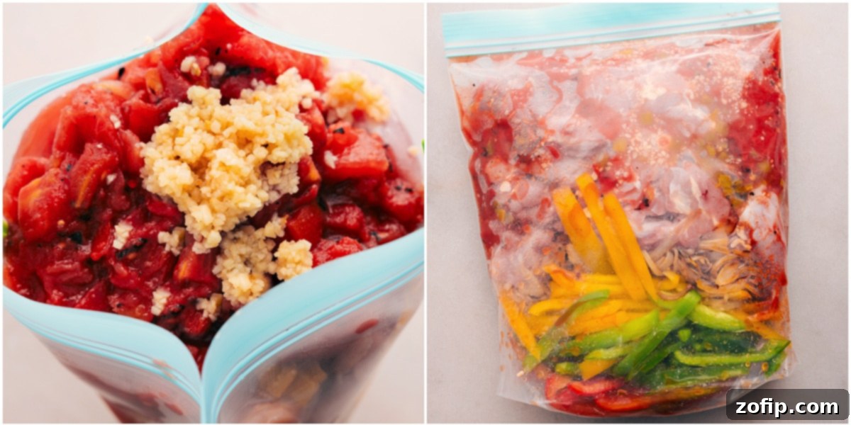 All the ingredients for Crockpot Chicken Fajitas, including chicken, vegetables, and seasonings, are packed into a freezer bag, making it a perfect freezer-friendly option for future meals.