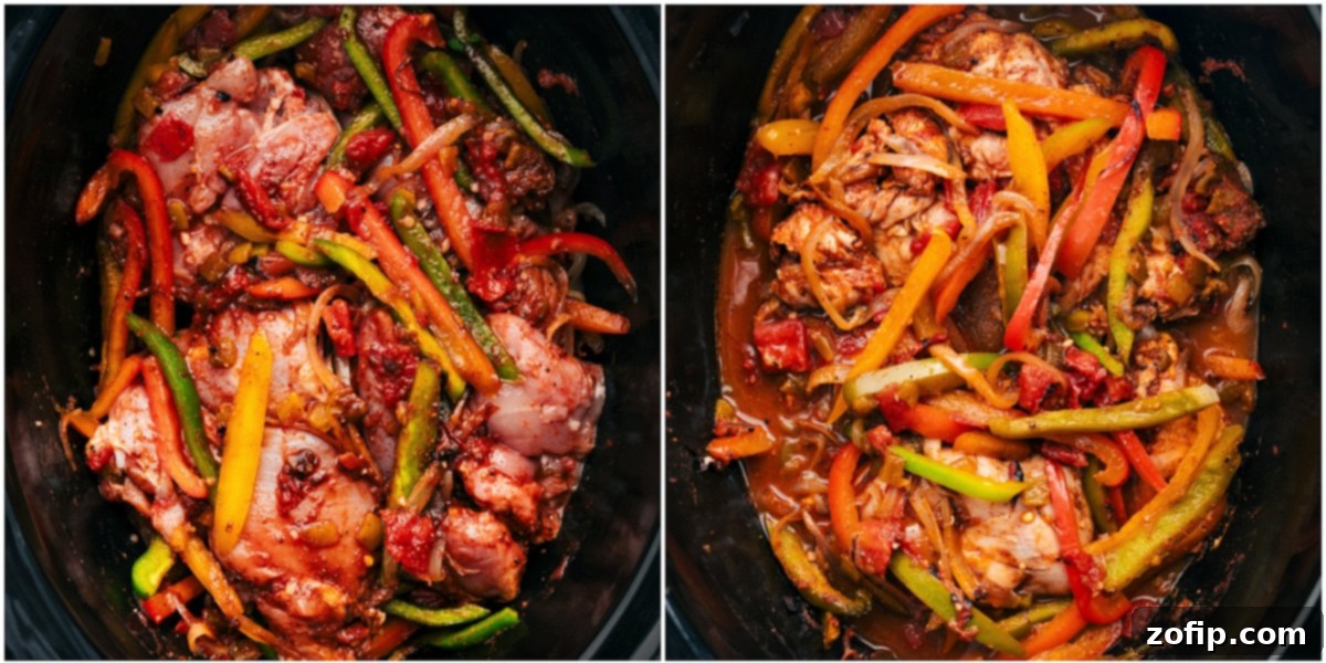 All the ingredients for Crockpot Chicken Fajitas are combined in the slow cooker, cooking to tender perfection.
