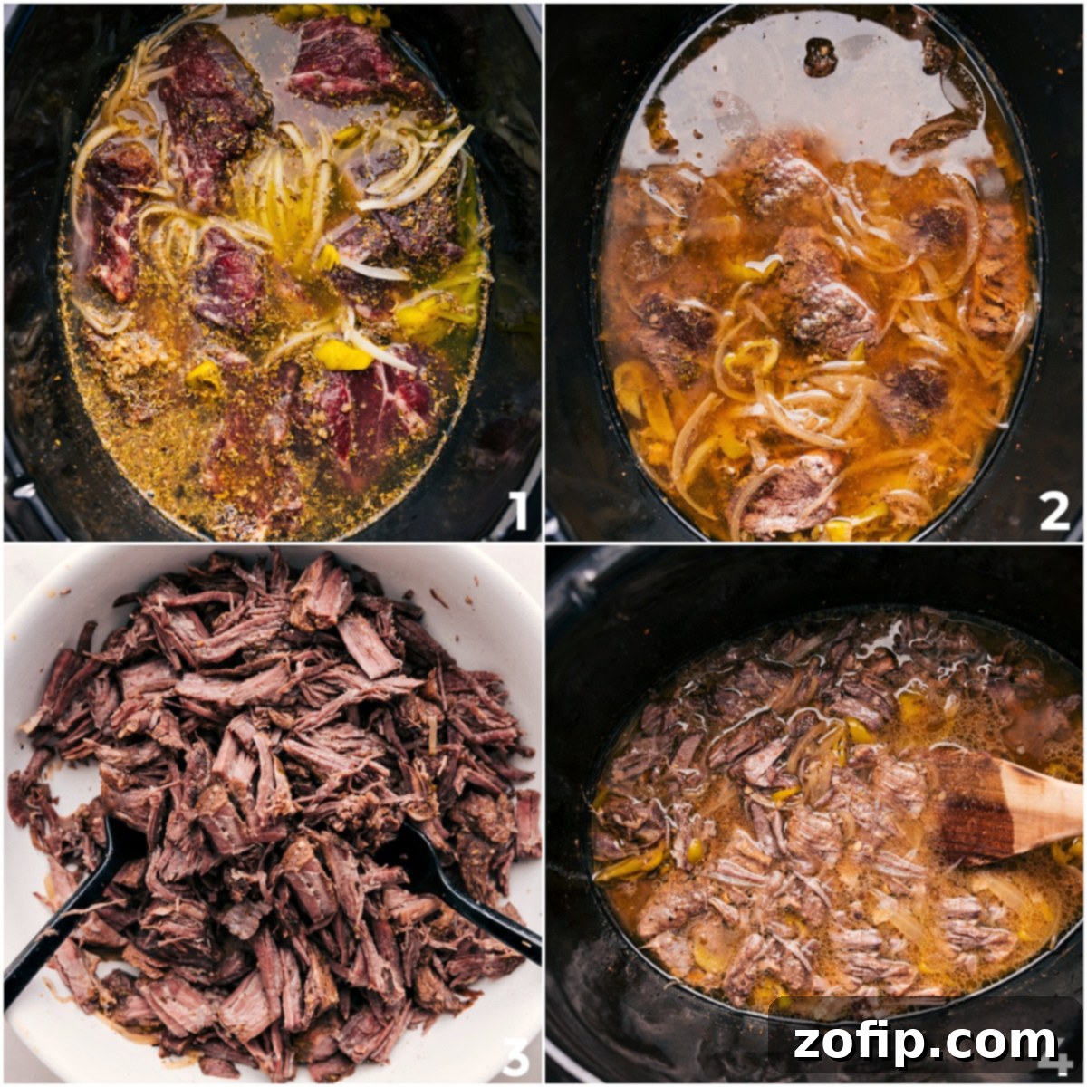 The beef slow cooks in the crockpot before getting shredded for these Italian Beef Sandwiches.