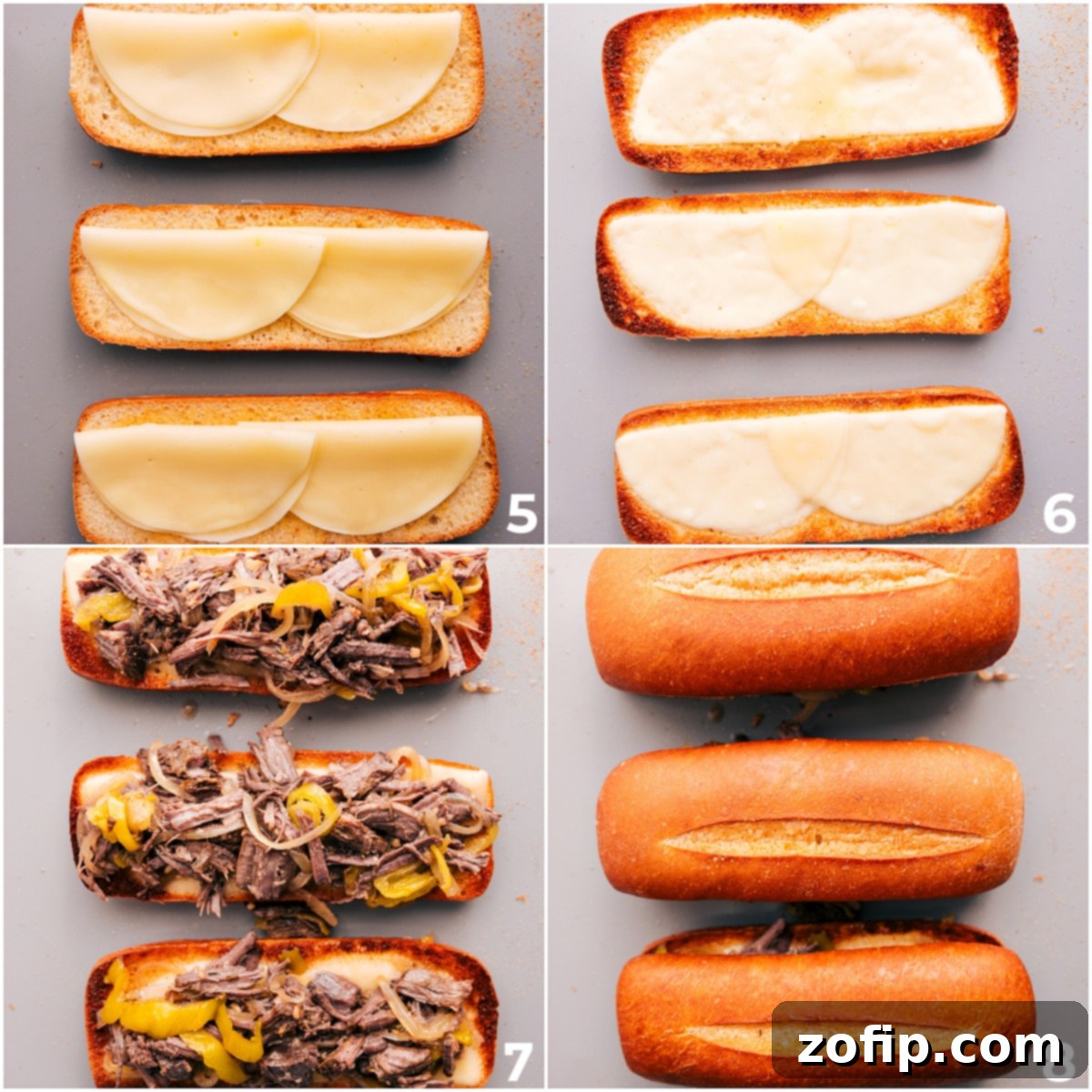 The bread toasts with provolone cheese before the meat is added and the sandwich is assembled.