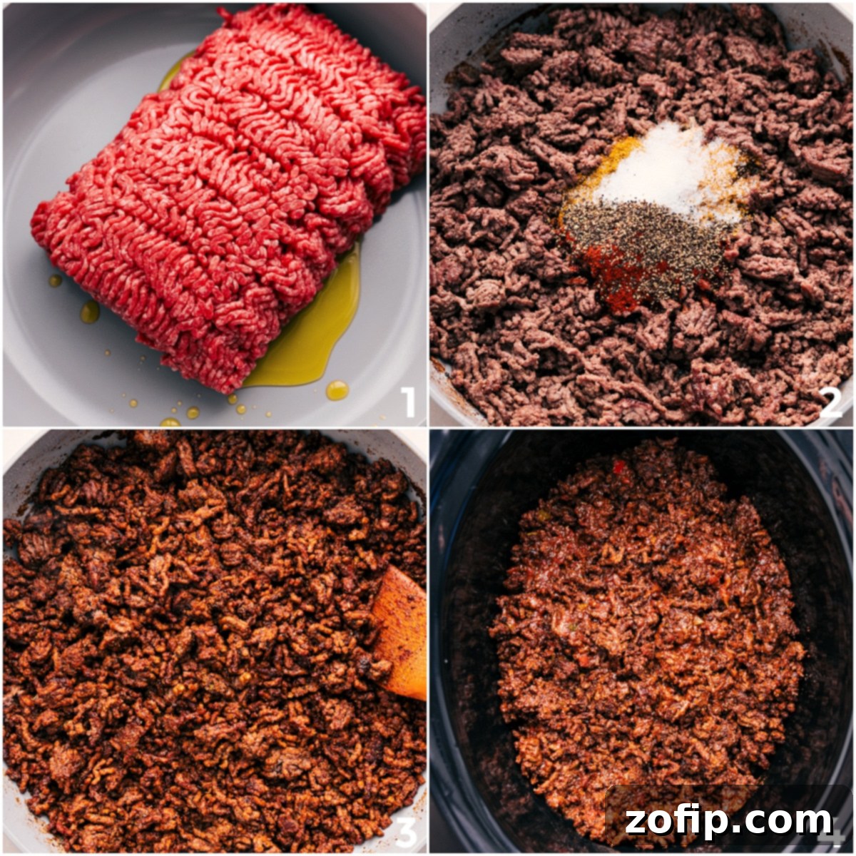 The step-by-step process of preparing Crockpot Taco Meat: ground beef expertly browning in a skillet, followed by the addition of fragrant seasonings, and finally, the transfer of all ingredients into the slow cooker for a tender and flavorful finish.
