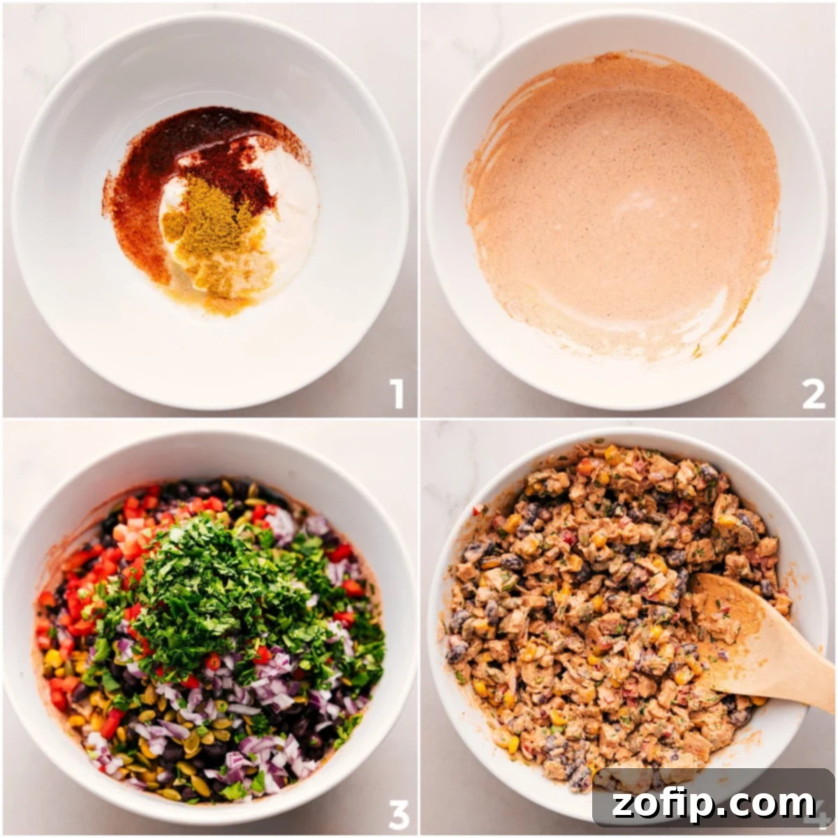 The process of making Southwest Chicken Salad: whisking the dressing in a bowl, combining salad ingredients, adding dressing, and mixing everything together until well coated.