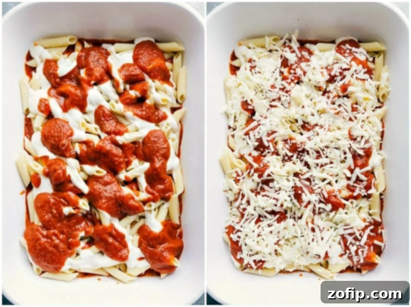 Combining Pasta with Red and White Sauces and Topping with Mozzarella Cheese Pasta with red and white sauces being added, topped off with a generous sprinkle of mozzarella cheese.