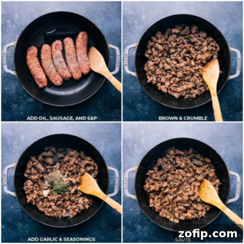 Italian Sausage and Broccoli Pasta 3 Process shots showing Italian sausage browning in a pan, followed by the addition of minced garlic and Italian seasonings, creating an aromatic base for the pasta sauce.