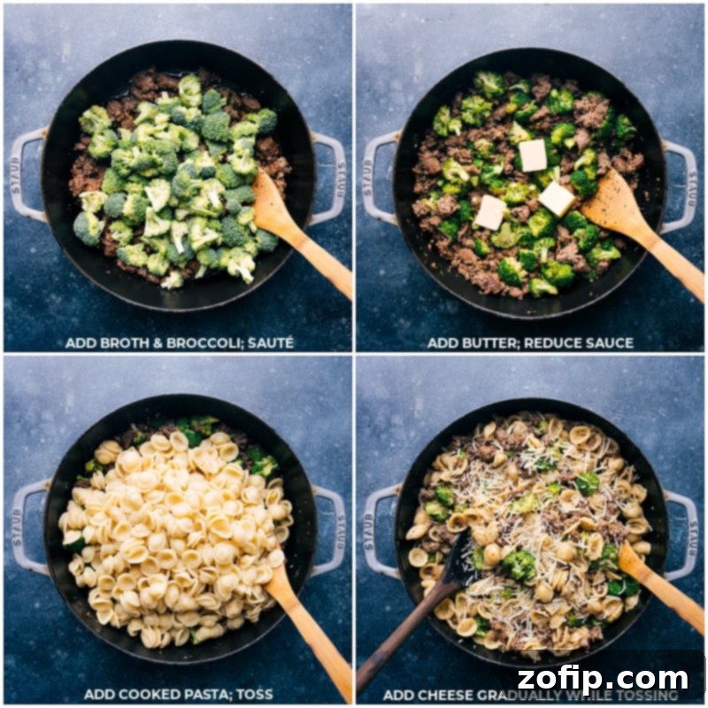 Italian Sausage and Broccoli Pasta 5 Process shots of the Orecchiette, Sausage, and Broccoli Pasta, demonstrating fresh broccoli, butter, cooked pasta, and Parmesan cheese being added to the pan for final tossing and combination.