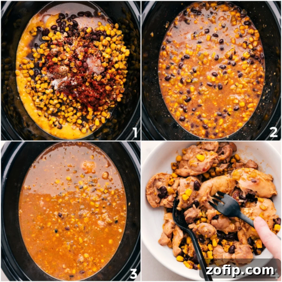 Step-by-Step Guide: How To Make Chicken Corn Chowder Step-by-step image showing how to prepare Chicken Corn Chowder: adding ingredients to the slow cooker, cooking, and shredding chicken.