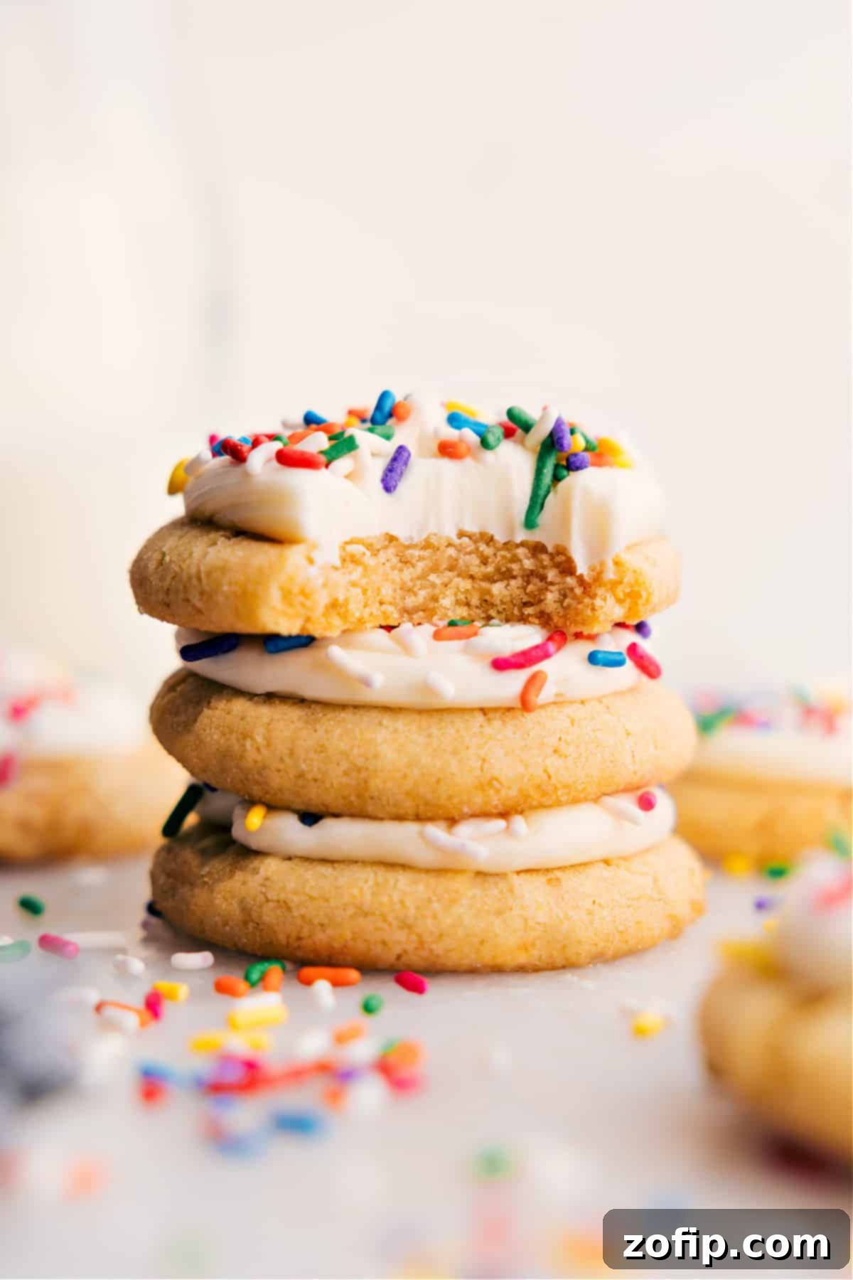 Soft Sugar Cookies stacked high with cream cheese frosting and colorful sprinkles, with a bite taken from the top cookie revealing its chewy interior.