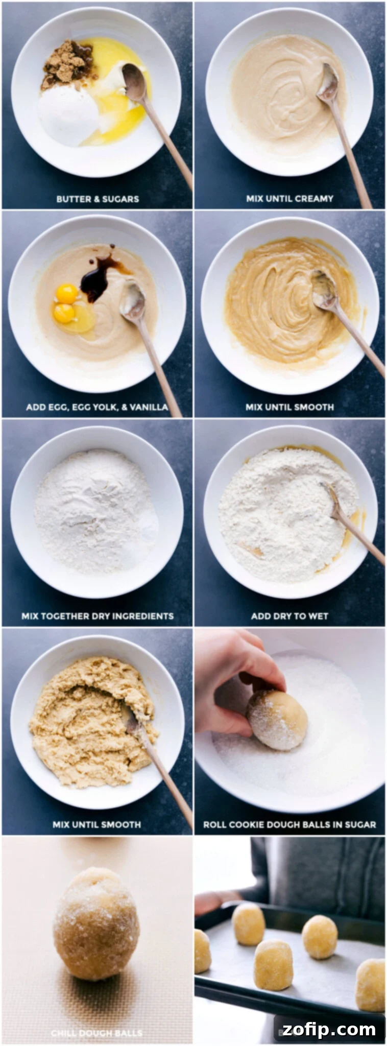 Step-by-step visual guide for preparing sugar cookie dough: mixing butter and sugars, adding egg, yolk, and vanilla, combining dry ingredients, forming dough balls, chilling, and finally baking until golden.