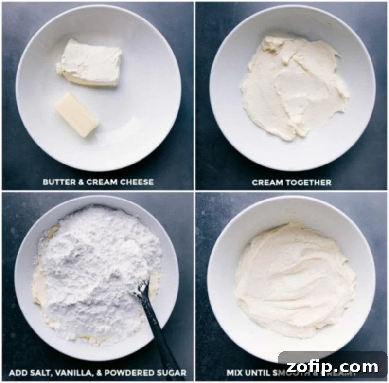 Process of preparing cream cheese frosting: cream butter and cream cheese together until light and fluffy, then gradually add salt, vanilla, and powdered sugar, mixing until perfectly smooth and creamy.