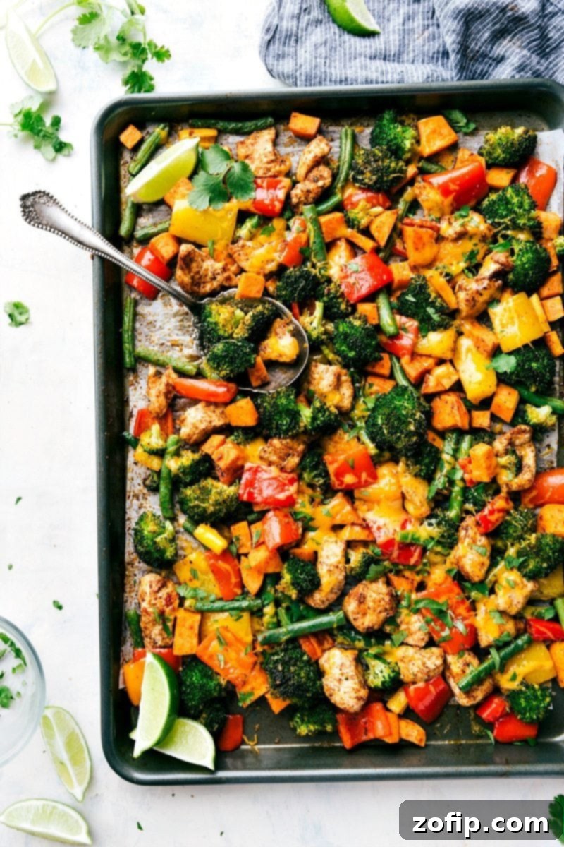 Delicious and healthy one-pan chicken and veggies, perfect for easy meal prep. A vibrant mix of roasted chicken breast and colorful vegetables.