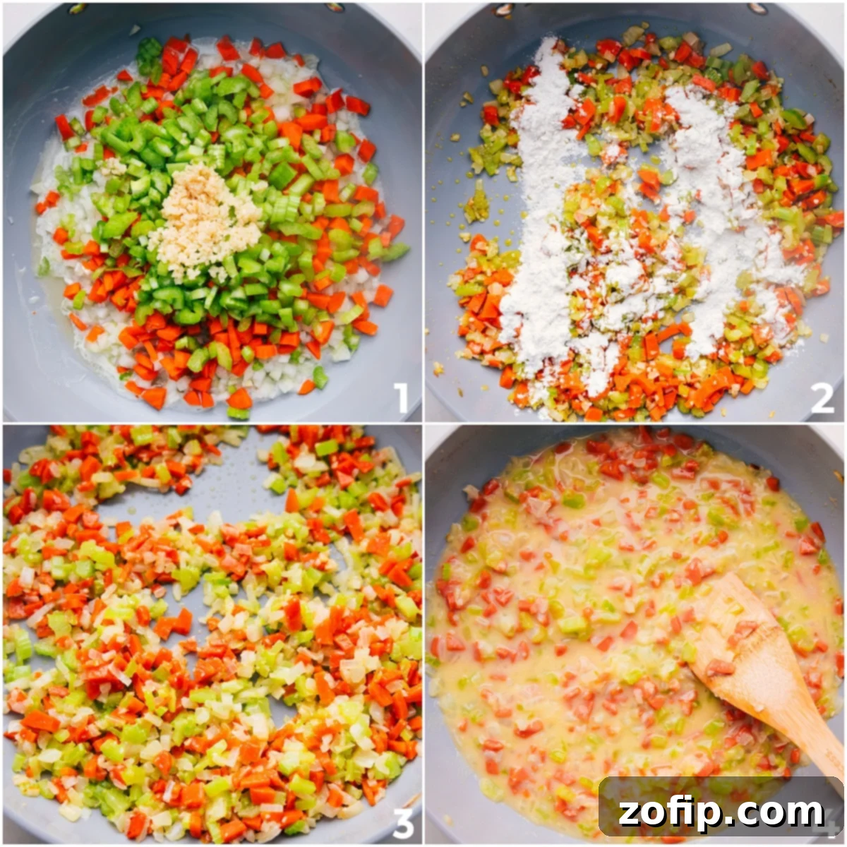 The veggies sauté as the flour mixes into the broth.