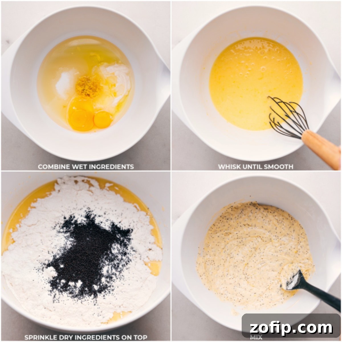 Combining Wet and Dry Ingredients for Muffin Batter A whisk vigorously combining wet ingredients in a large mixing bowl, with dry ingredients being carefully poured in from a separate bowl.