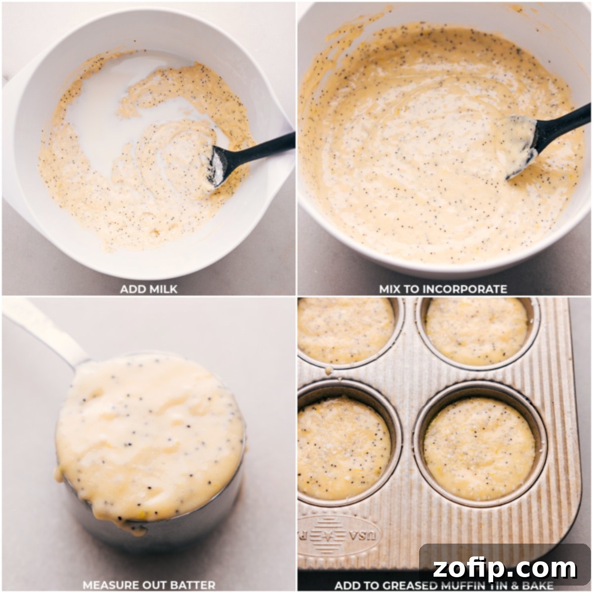 Scooping Muffin Batter into the Pan Thick, yellow batter for lemon poppy seed muffins being meticulously scooped into a lined muffin tin, ready for baking.