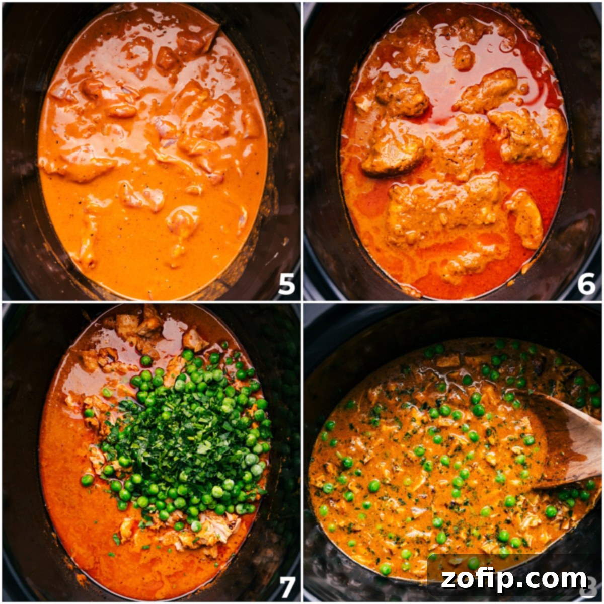 Slow Cooked Curry Chicken With Peas And Herbs The meat is added to the slow cooker, cooked until tender, then mixed with peas and cilantro.