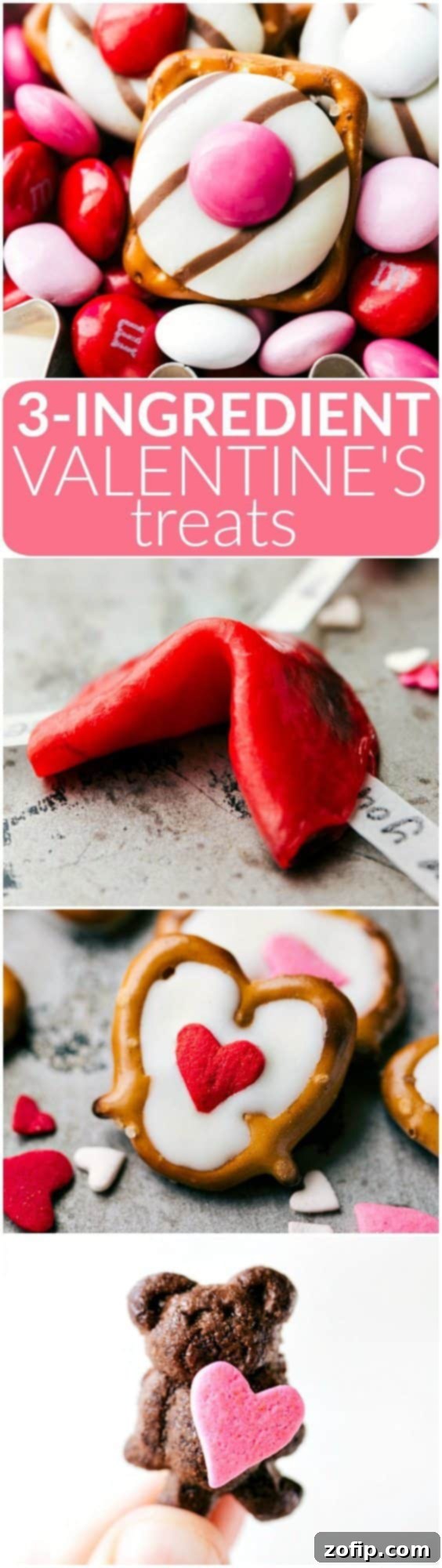 Four delightful Valentine's Day treats: Heart Hug Pretzels, Love Fortune Cookies, Mini Valentine Bear holding a heart, and White Chocolate Heart Pretzels. Each recipe uses 3 ingredients or less, perfect for quick and easy celebration.