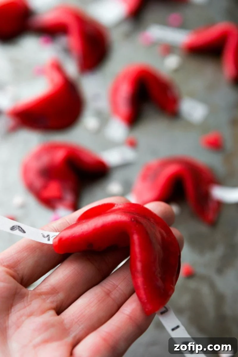 Close-up of Love Fortune 'Cookies' made from vibrant red fruit roll-ups with sweet messages inside.