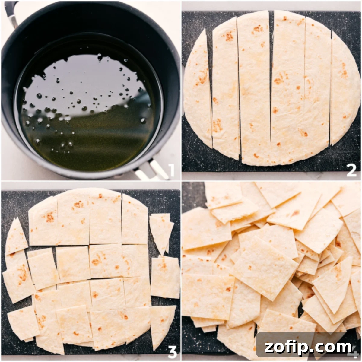 Flour tortillas being cut into even squares before frying to make cinnamon sugar chips.