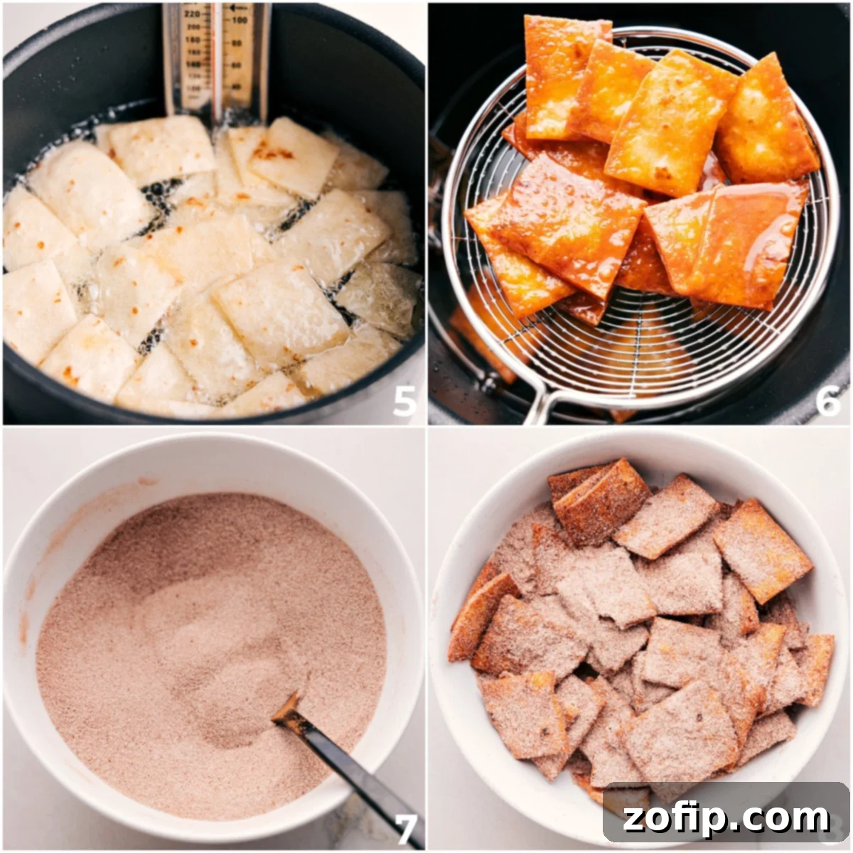 Golden-brown cinnamon sugar chips fresh from the fryer, coated in a shimmering layer of spice and sugar.