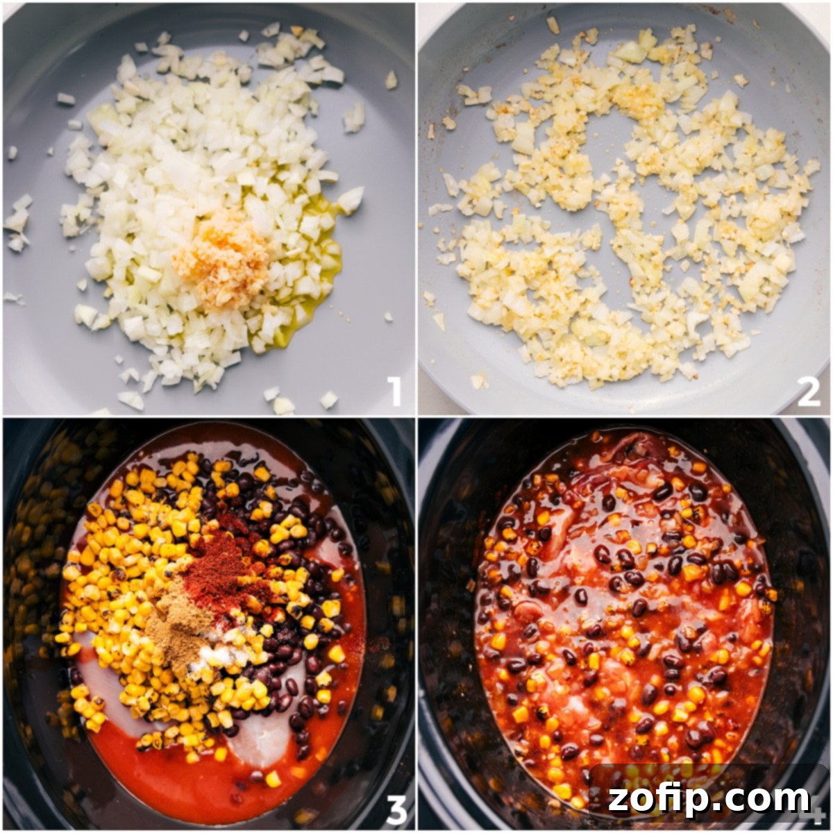 Sautéed onions and garlic are transferred to the slow cooker, followed by chicken, spices, sauce, beans, and corn, for the initial cooking phase of Crockpot Chicken Enchilada Casserole.