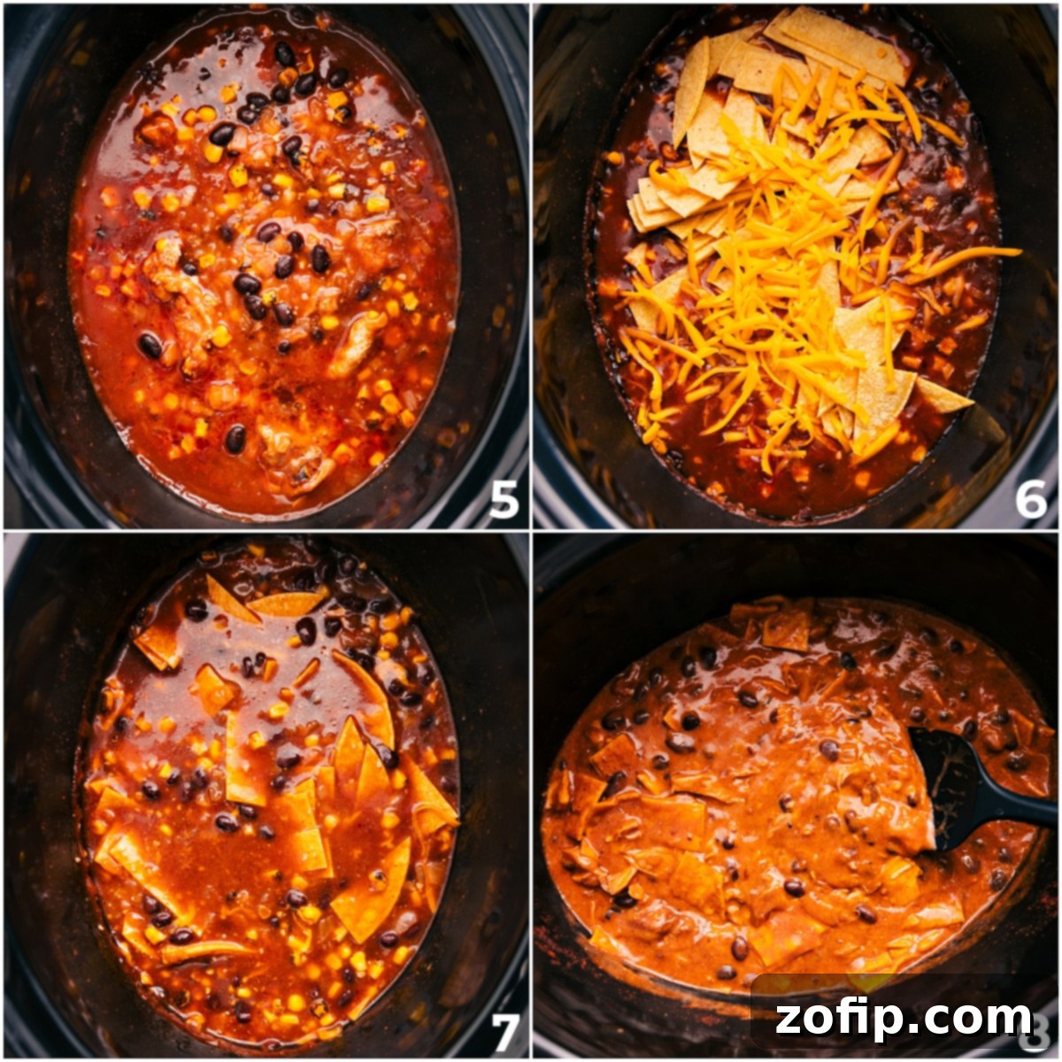 The finished Crockpot Chicken Enchilada Casserole, creamy and cheesy after the addition of cheese, tortillas, and sour cream, ready to be served.